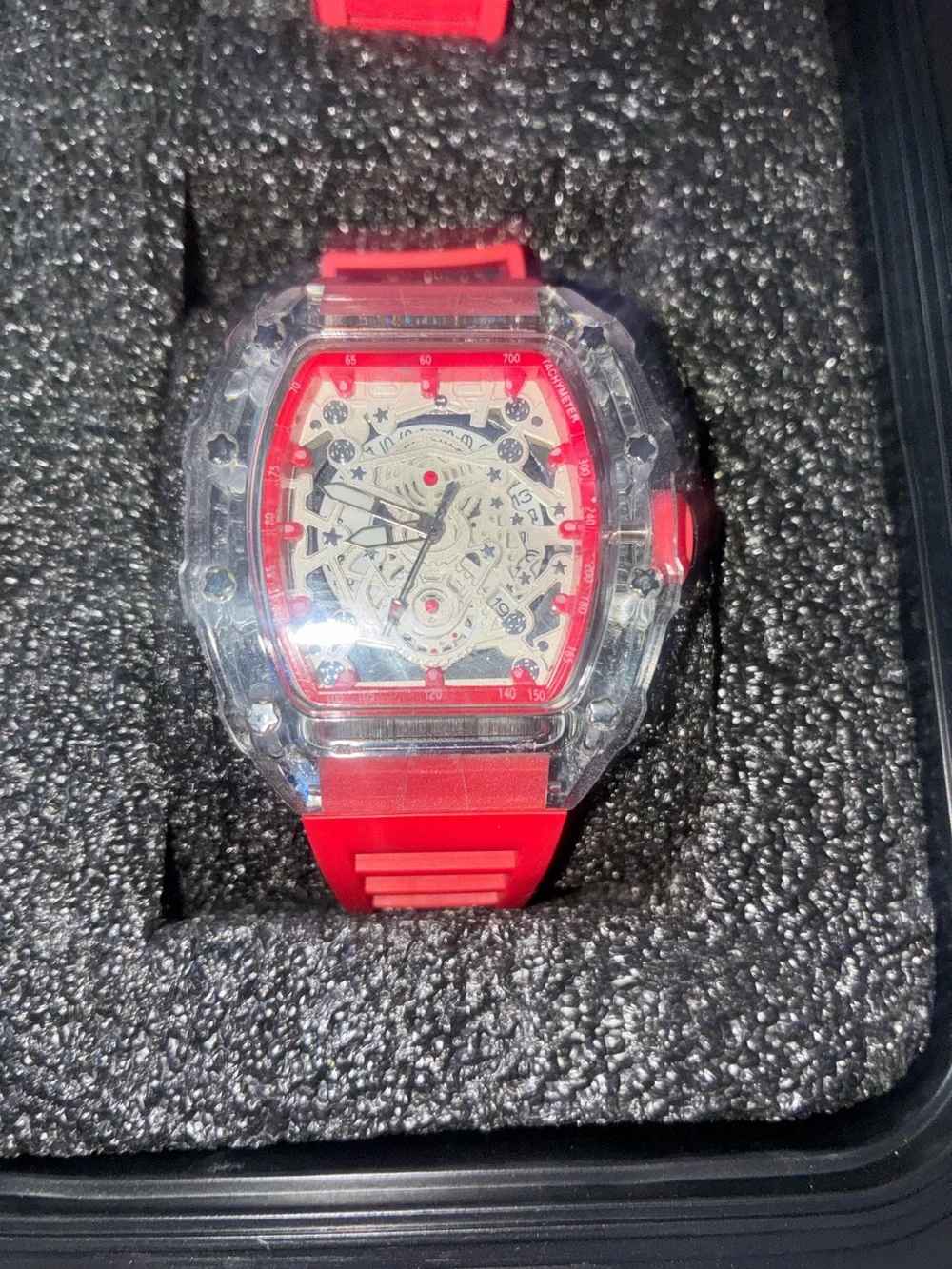 Transparent Case Red Strap Mechanical Sport Watch